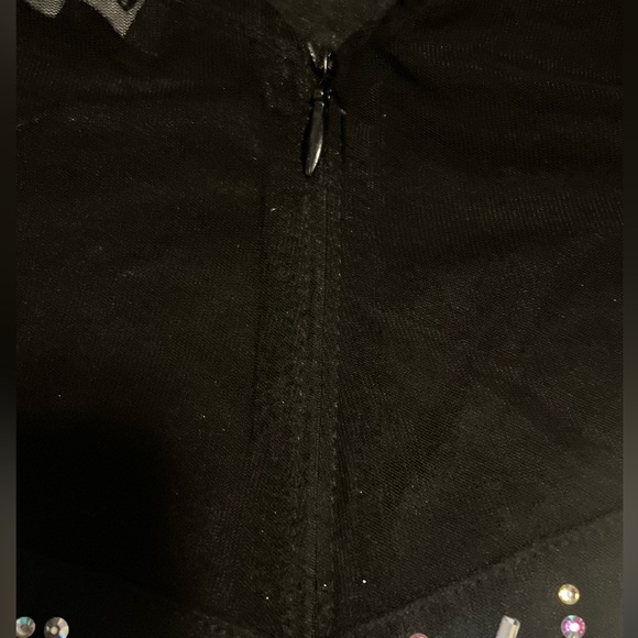 Banjul Floor Length Formal Black Mesh Sheer Spaghetti Strap Dress w/ Rhinestone - Picture 6 of 9